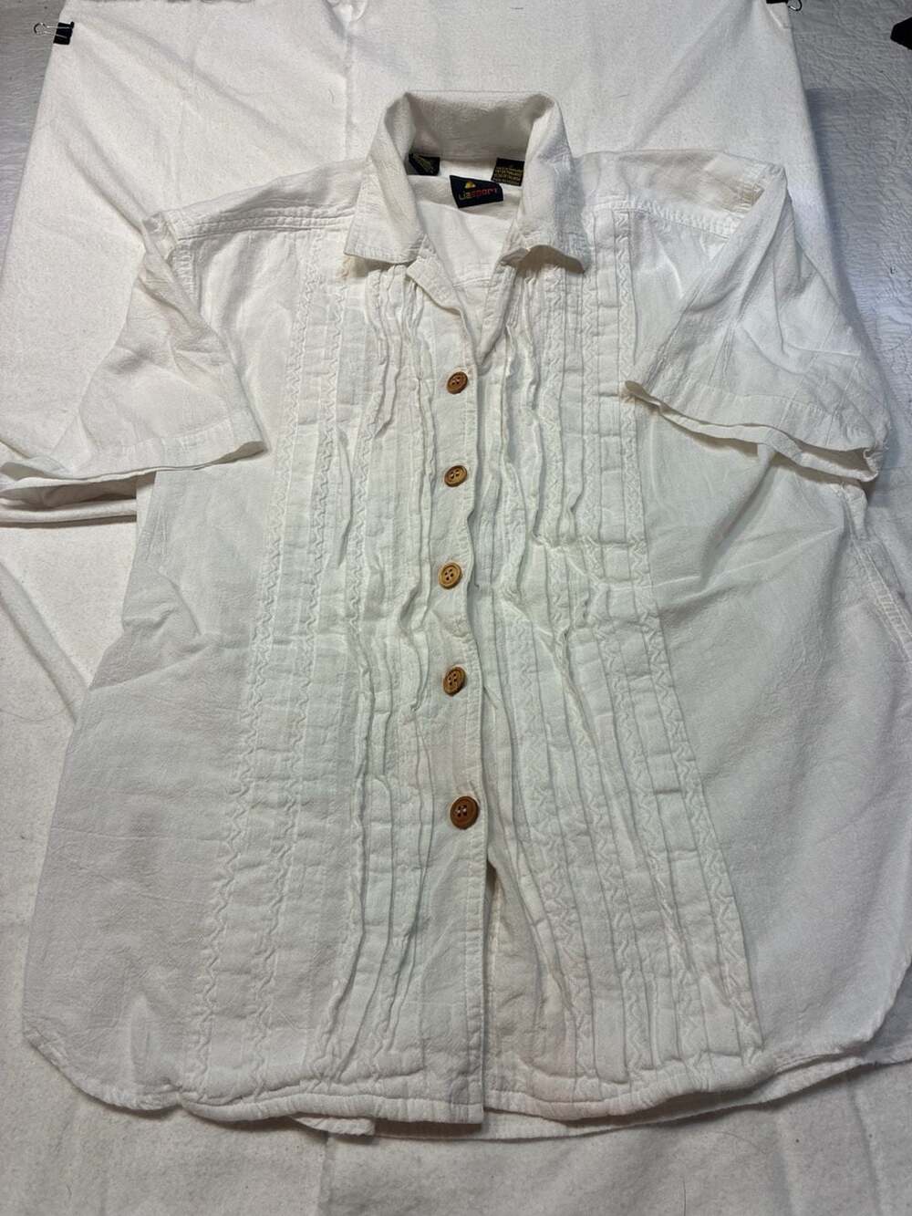 Lizsport White Cotton Pintuck Pleated Short Sleeve Button Down Shirt Size S